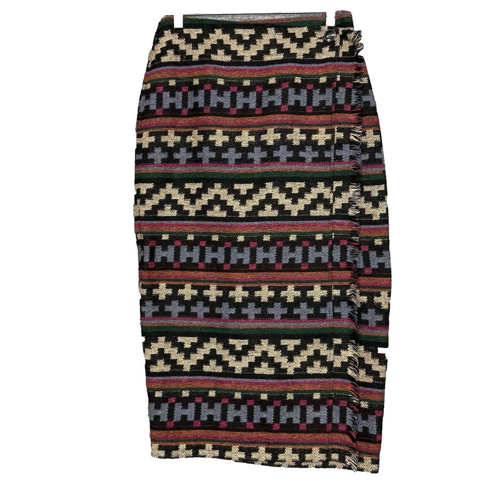 RTW Skirt Womens 8 Black Multi Midi Western Saddle Blanket Vintage Wool Blend